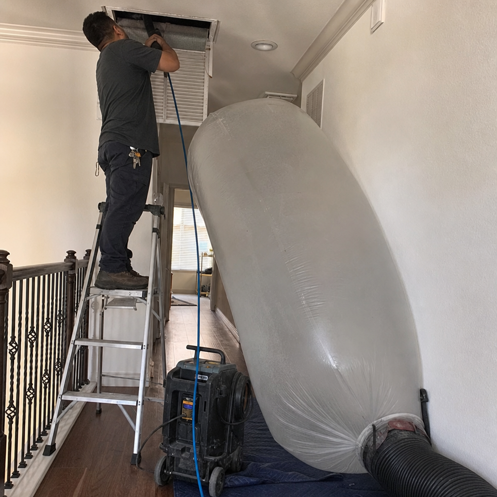 Technician using a professional air duct vacuum system for home maintenance