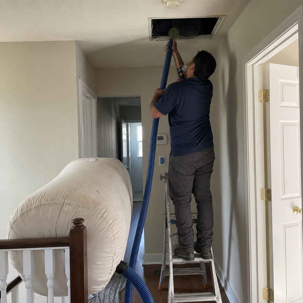 Technician performing professional residential air duct cleaning service