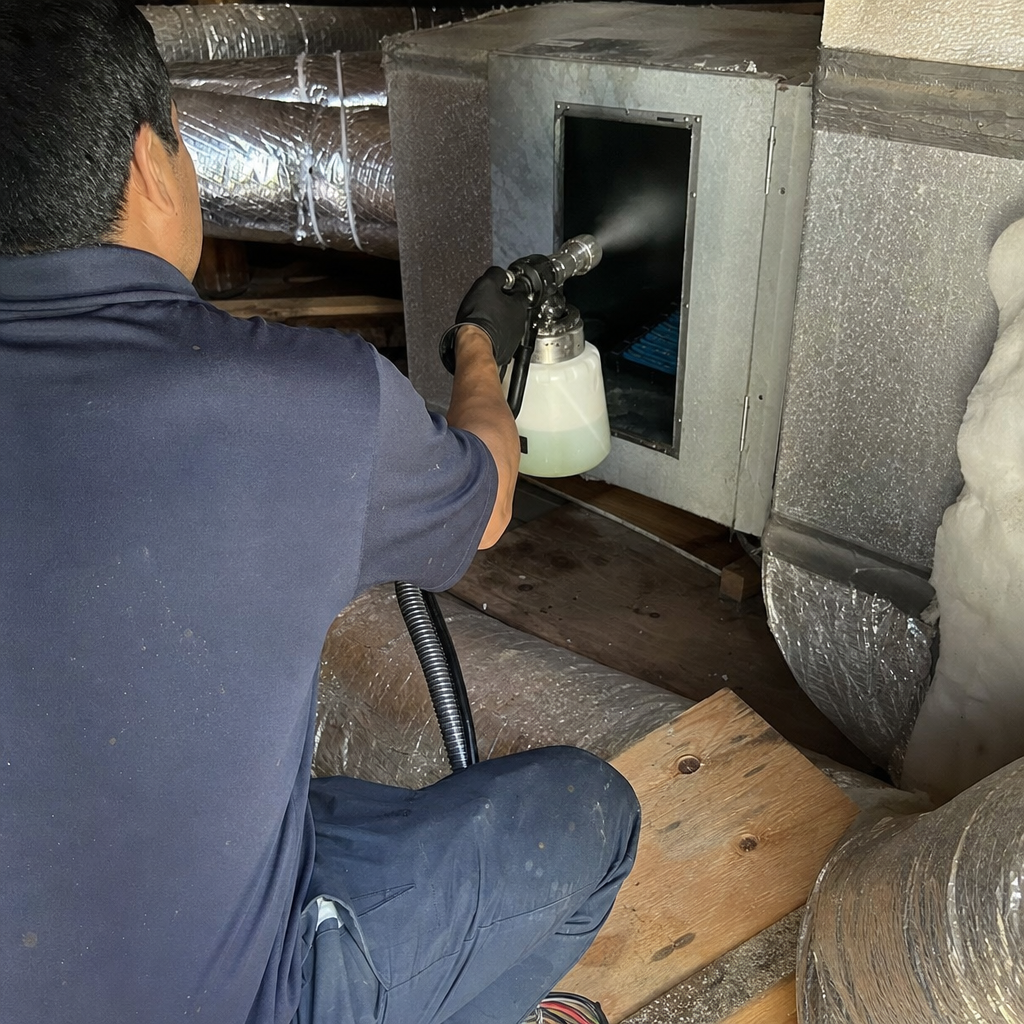 Technician performing professional air duct sanitization and HVAC cleaning service