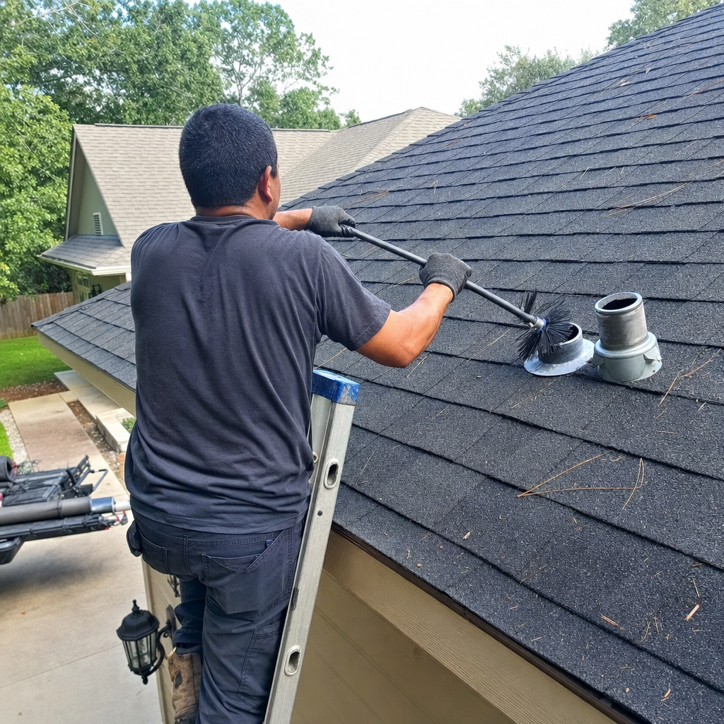 Professional technician performing residential dryer vent cleaning on a rooftop