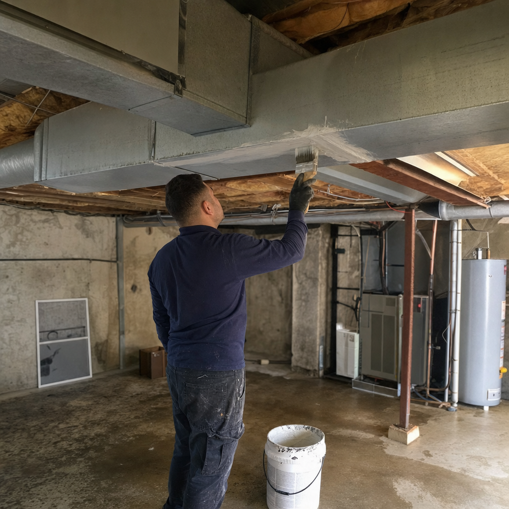 Technician applying mastic sealant to residential air ductwork for air sealing