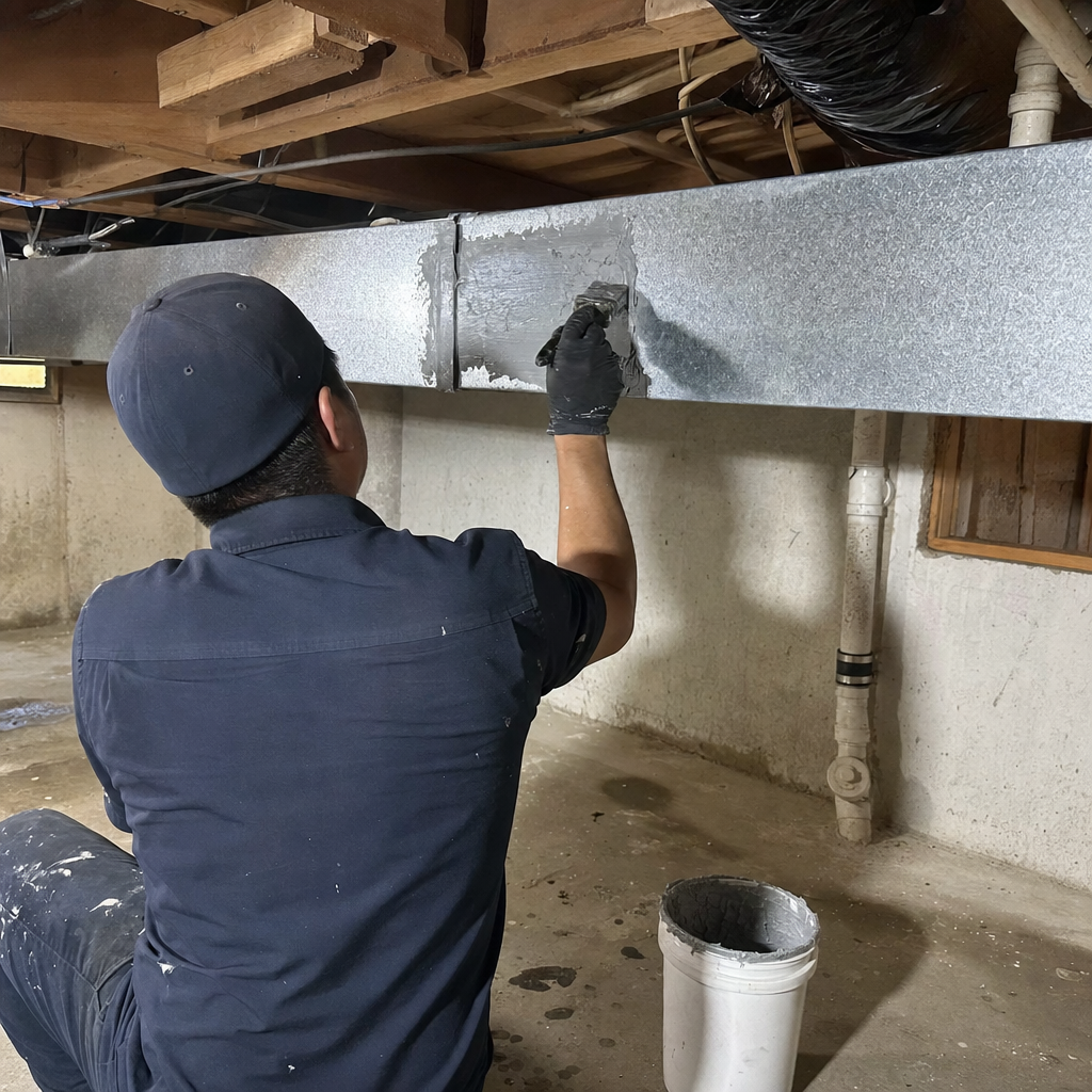 Technician applying mastic sealant to seal residential HVAC air duct seams.