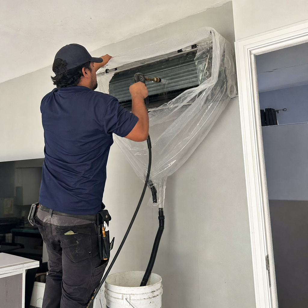 HVAC technician deep cleaning indoor air conditioner coils with specialized spray equipment