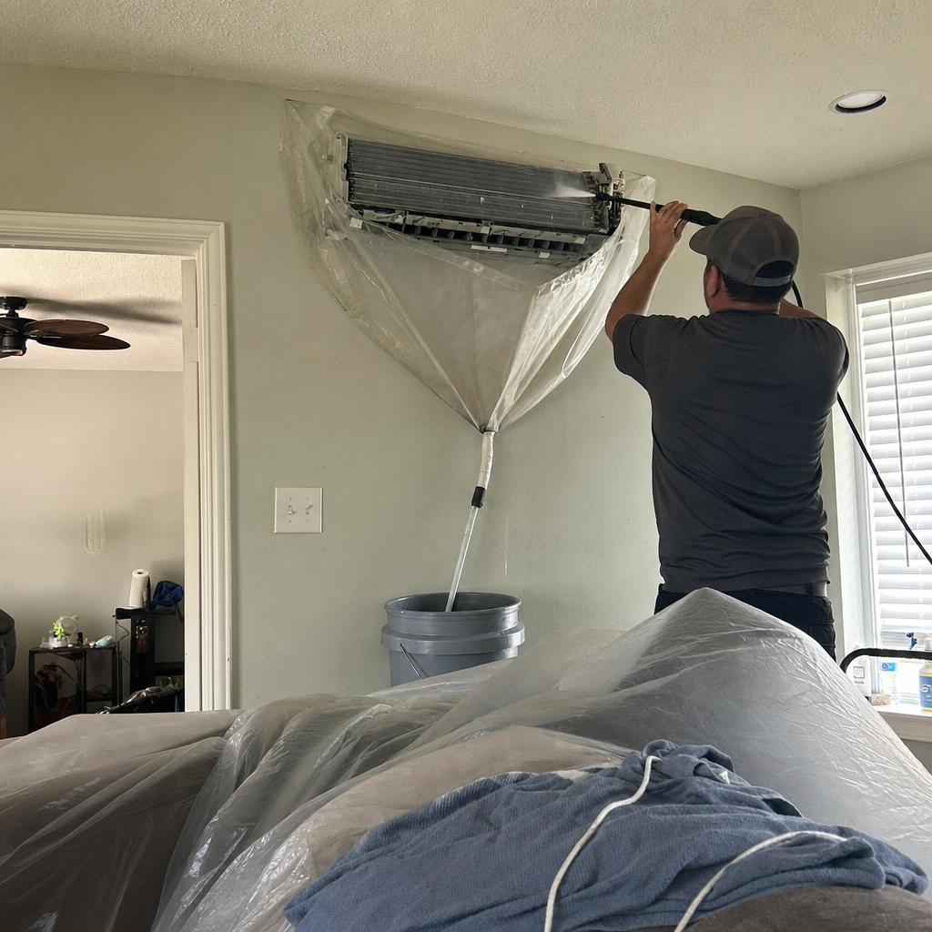 Technician performing professional HVAC system cleaning