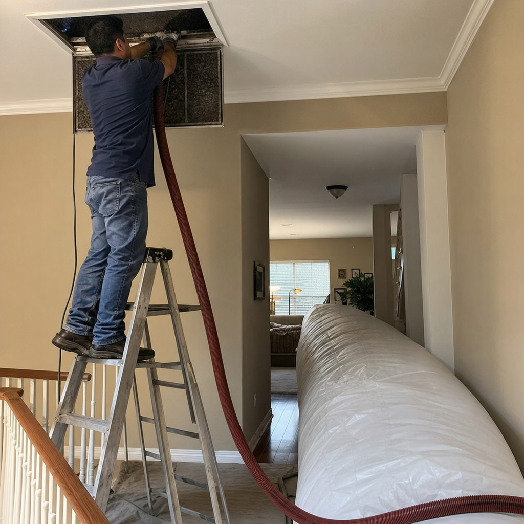 Technician performing professional residential air duct cleaning service