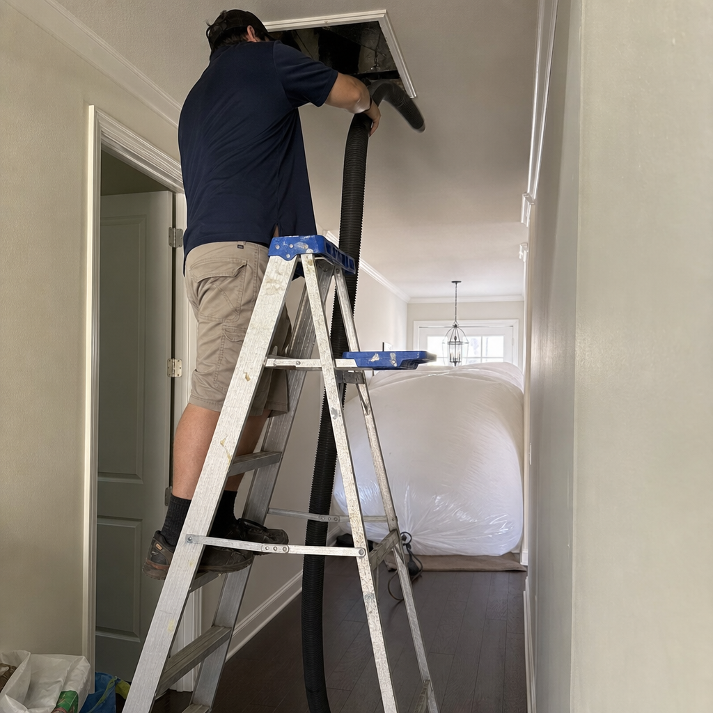 Professional technician cleaning residential air ducts with industrial vacuum equipment