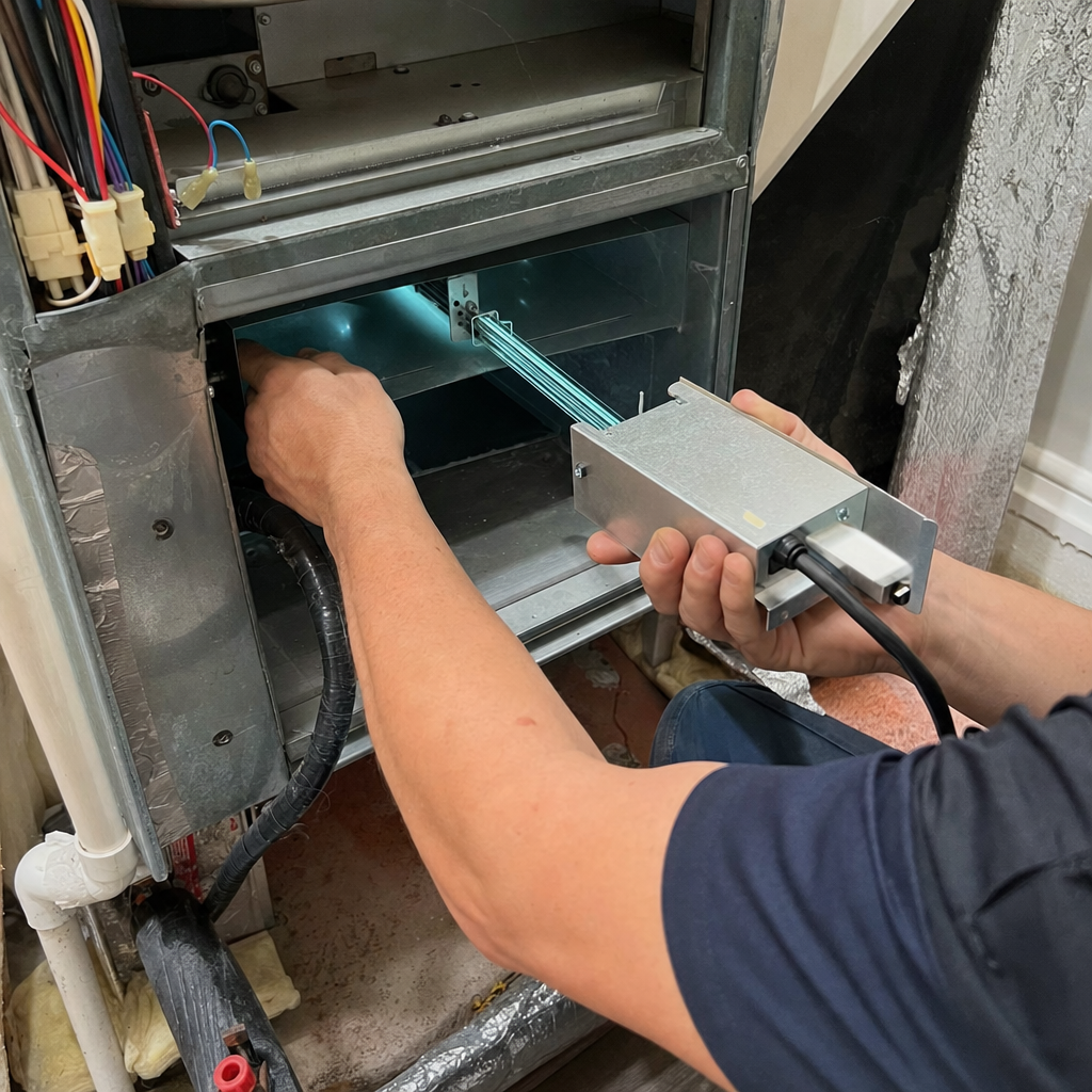 HVAC technician installing UV light air purification system in ductwork in Houston, TX